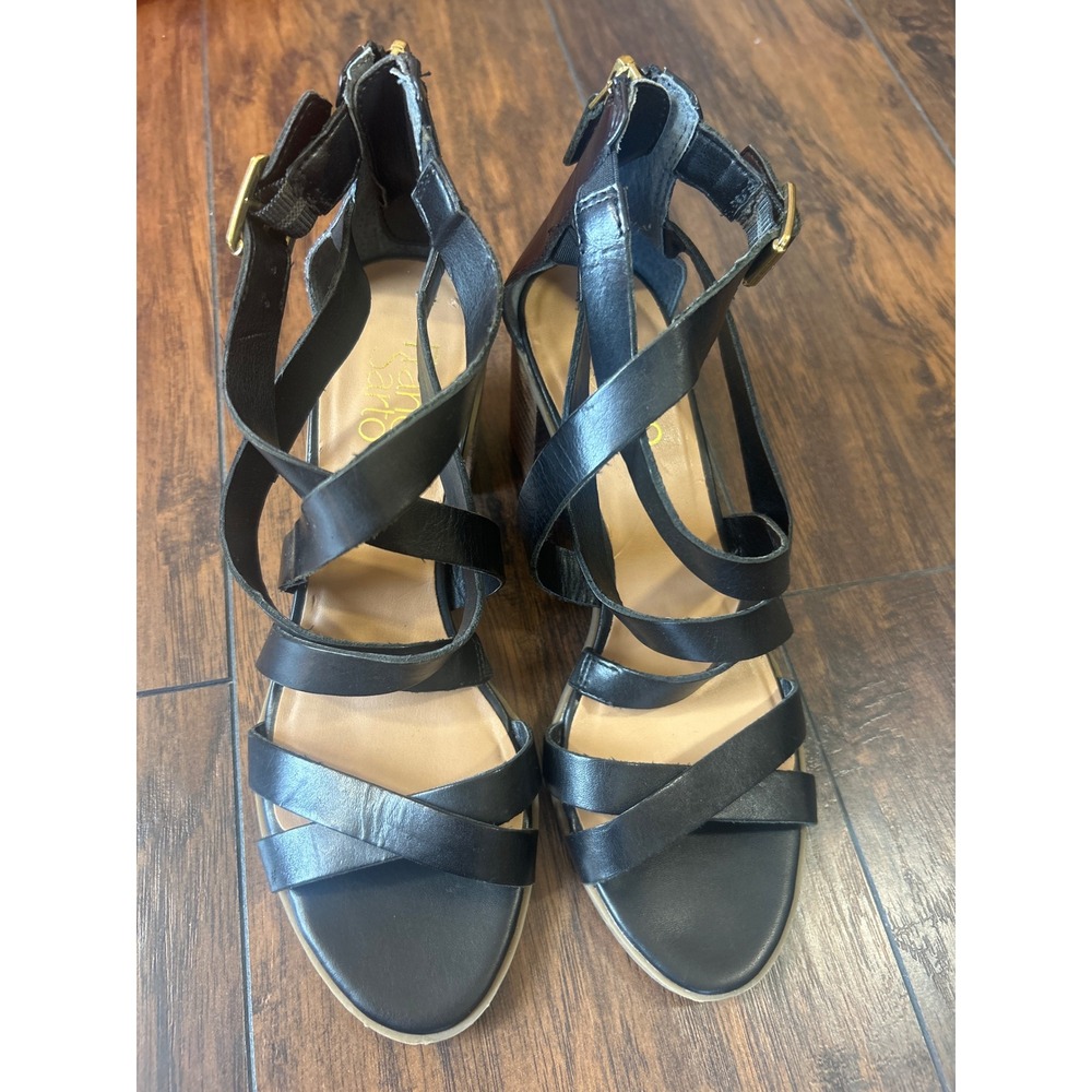 Franco Sarto 7M L-HACHI Black Leather Strappy Block Heel Sandals Womens